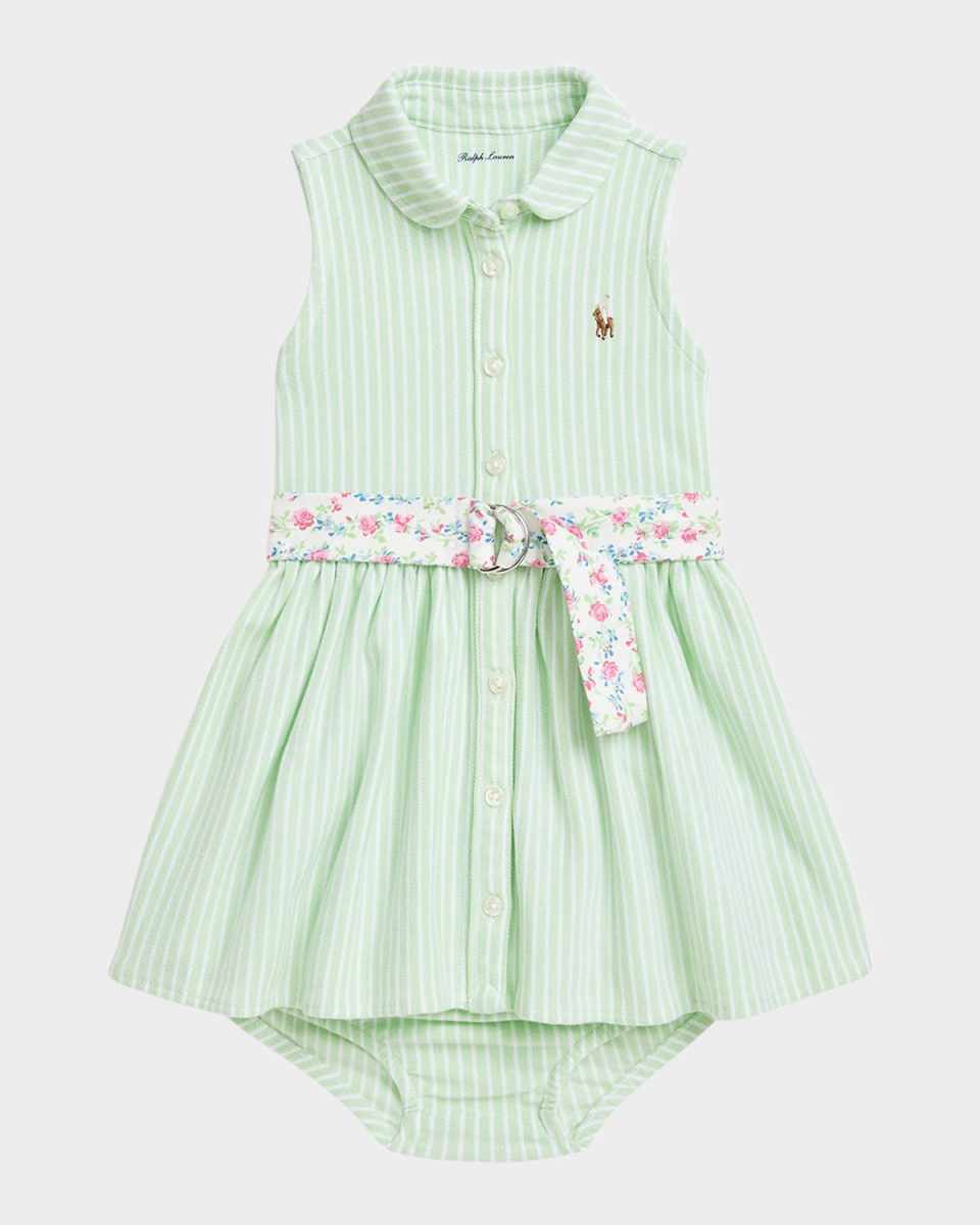 Girl's Striped Shirtdress W/ Floral-Print Belt, Size 3M-24